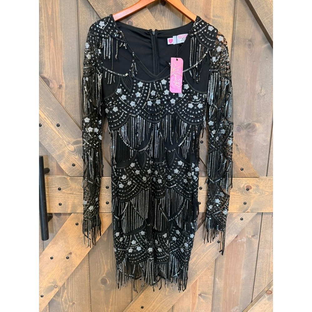 Southern Fried Chics Sequin Fringe Dress Women S Black New Gatsby Art Deco L823